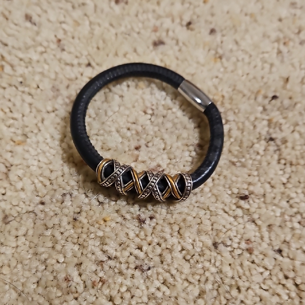 Black and Gold Leather Bracelet with Silver Accents